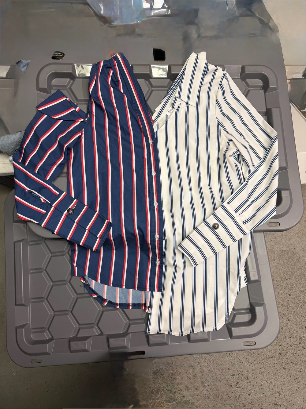 Striped V-Neck Button-Front Shirt - Navy & White Assymetrical Blouse